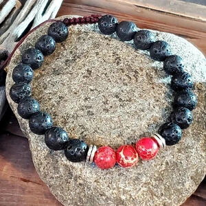 Handcrafted Chakra Bracelet Red Aqua Terra Jasper Black Lava